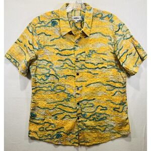 Vatpave Large Reverse Print Button Up Shirt Yellow Textured Short Sleeve Pocket